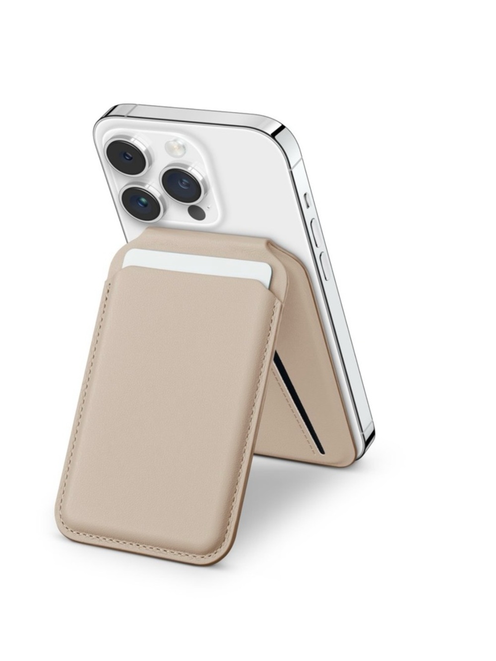 MagSafe-Compatible Beige Leather Card Wallet & Kickstand for iPhone